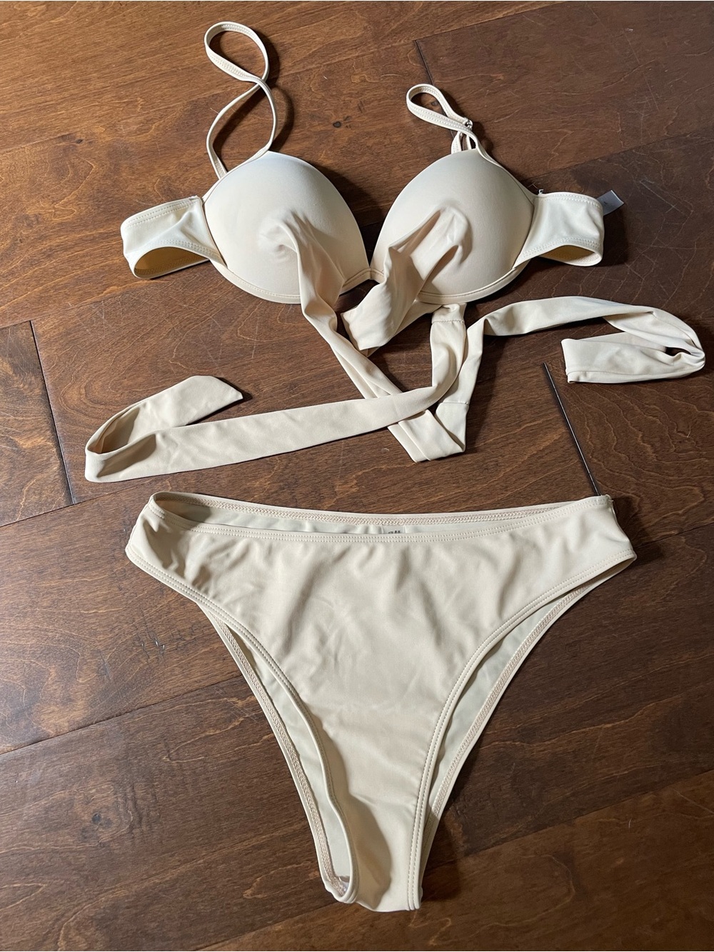 Women’s Cream Bikini Set — Tie-Front Push-Up Top & High-Cut Bottom